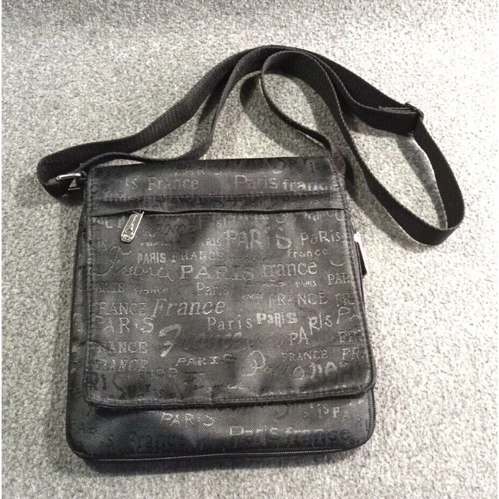 Tour Paris France All Black All Over Print Black Shoulder Sling Purse Adjustable